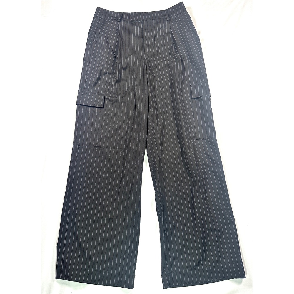 NIA Womens Pinstripe Cargo Pants Black White Wide Leg High Rise Size M